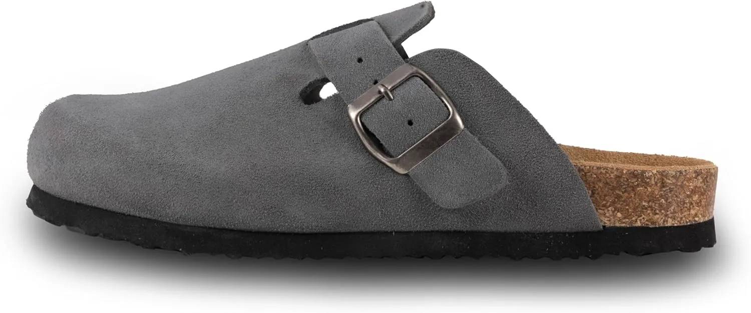 Women's Suede Clogs Slip-On Buckle Slides Leather Mules Cork Footbed Sandals Potato Shoes with Arch Support