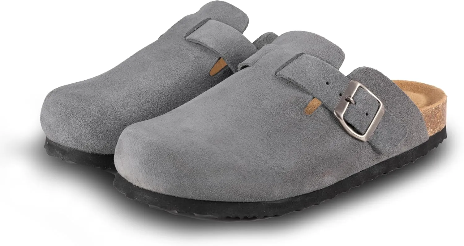 Women's Suede Clogs Slip-On Buckle Slides Leather Mules Cork Footbed Sandals Potato Shoes with Arch Support