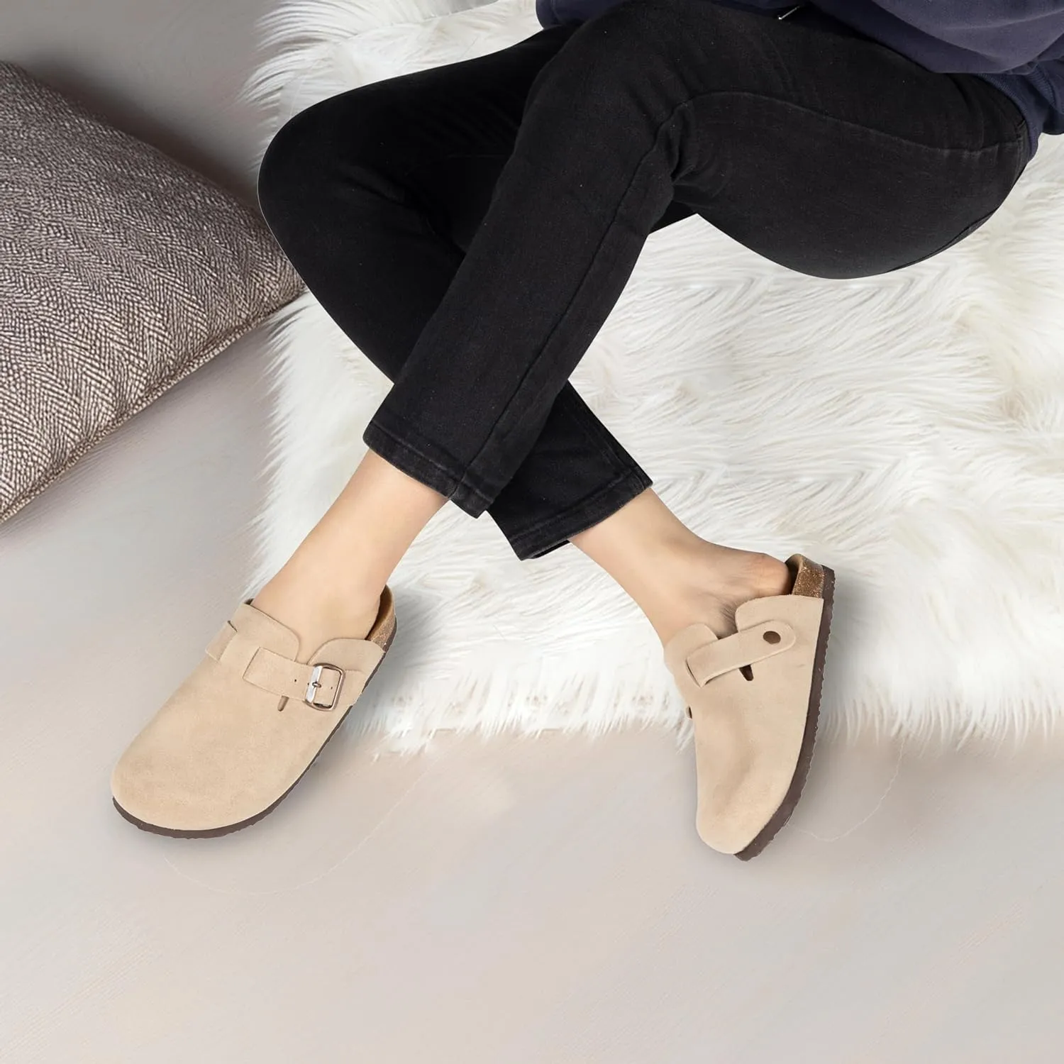 Women's Suede Clogs Slip-On Buckle Slides Leather Mules Cork Footbed Sandals Potato Shoes with Arch Support