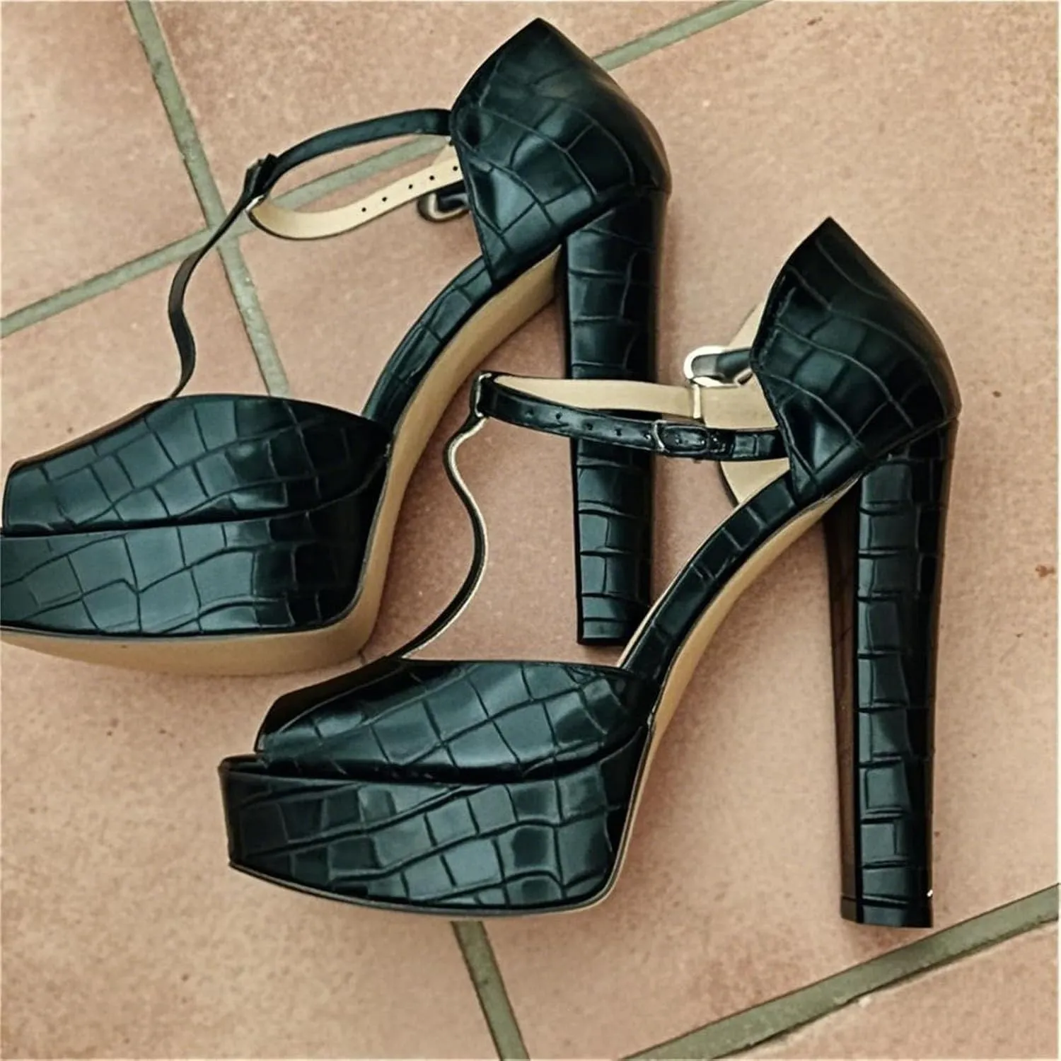 Women's T-Tied Block Heels - 15-16cm Peep-Toe Platforms