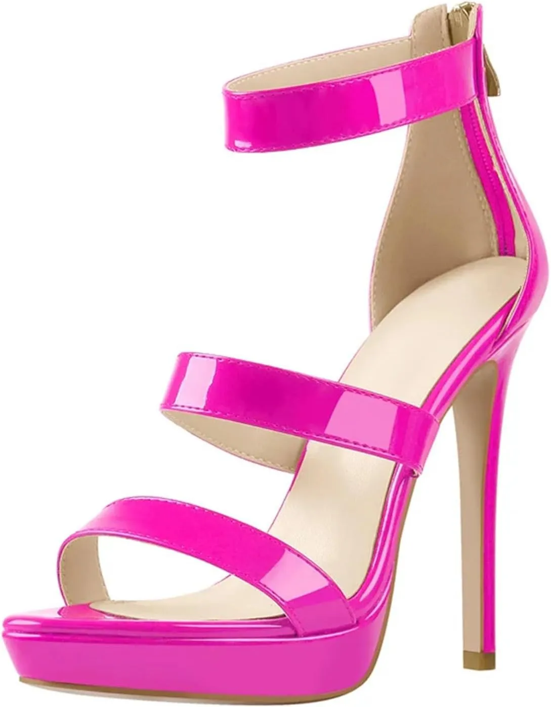 Women's Thin High Heel Sandals - Solid Patent Leather Pointed Toe Zipper Heels