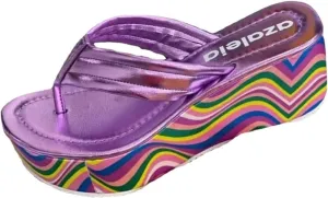 Women's Wedge Flip Flop Sandals,Comfortable Slip-On Sandals, Fashion Rainbow Bottom Wedge Casual Sandals, Outdoor Non-Slip Beach Slippers