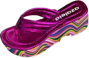 Women's Wedge Flip Flop Sandals,Comfortable Slip-On Sandals, Fashion Rainbow Bottom Wedge Casual Sandals, Outdoor Non-Slip Beach Slippers