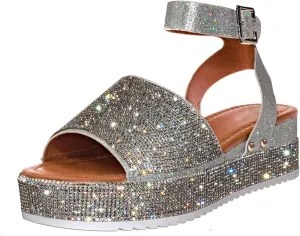 Women's Wedge Sandals One Band Ankle Strap Buckle Slides Sandals Summer Open Toe Rhinestone Bling Platform Sandal Casual Breathable Beach Shoes