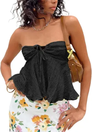 Women's Y2k Backless Tube Top Strapless Ruched Front Tie Babydoll Urban Outfitters Top Going Out Summer Casual Shirts