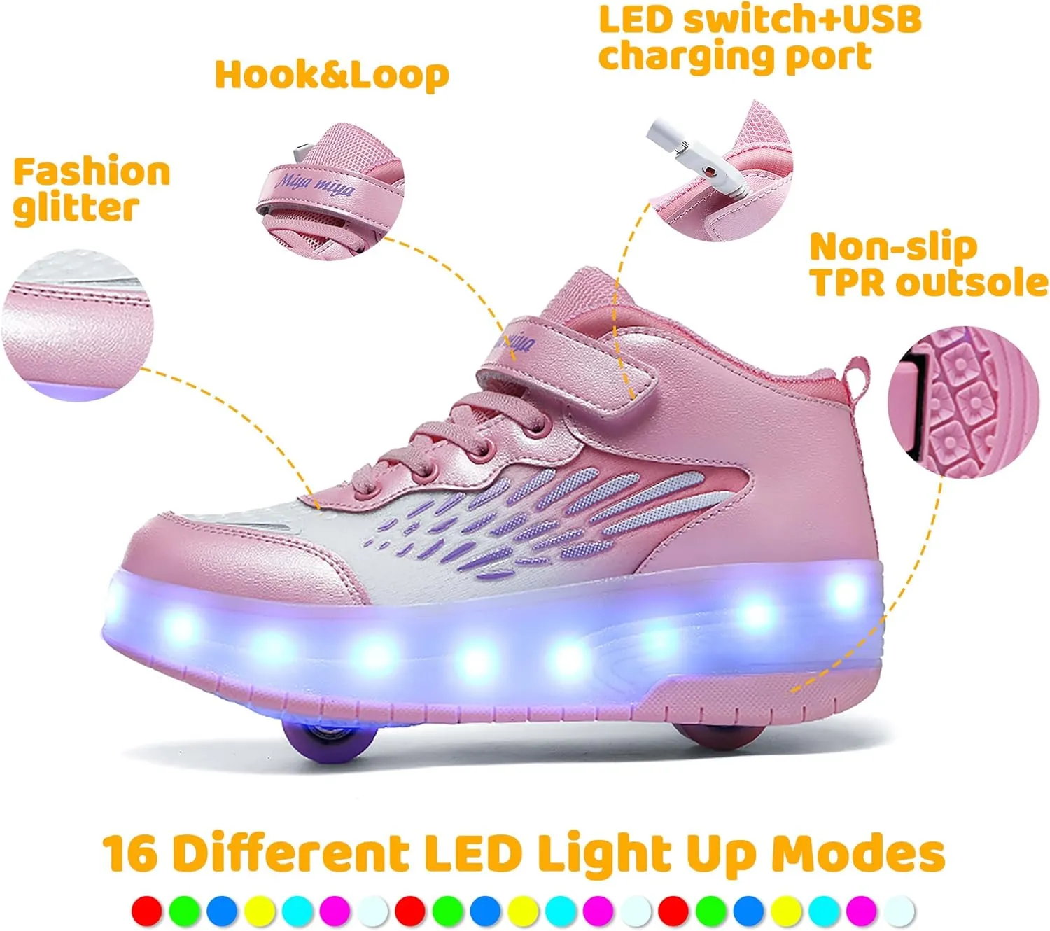 Wooowyet LED Roller Skate Shoes for Kids Boys Girls Light Up Fashion Sneakers Wheels Wheeled USB Rechargeable Hook&Loop