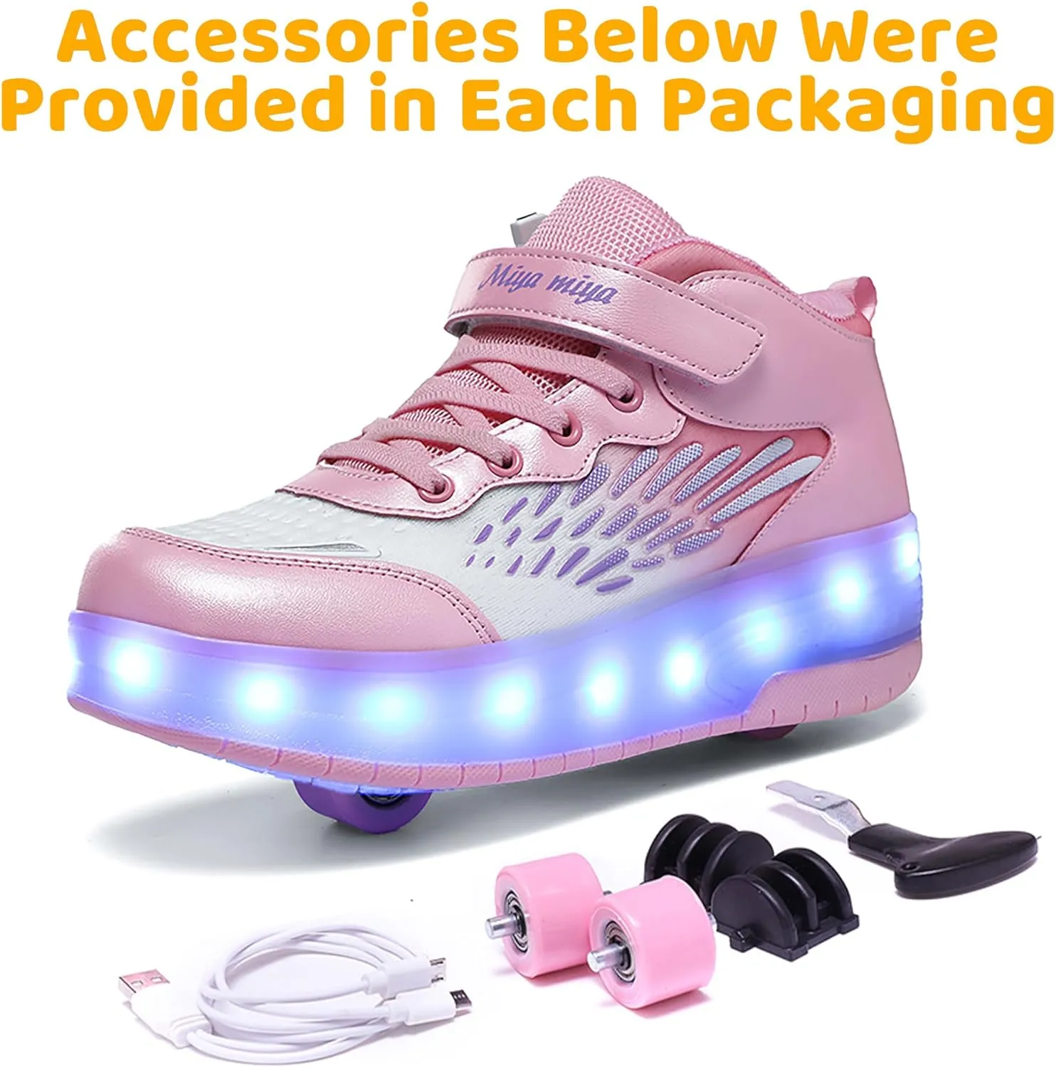 Wooowyet LED Roller Skate Shoes for Kids Boys Girls Light Up Fashion Sneakers Wheels Wheeled USB Rechargeable Hook&Loop