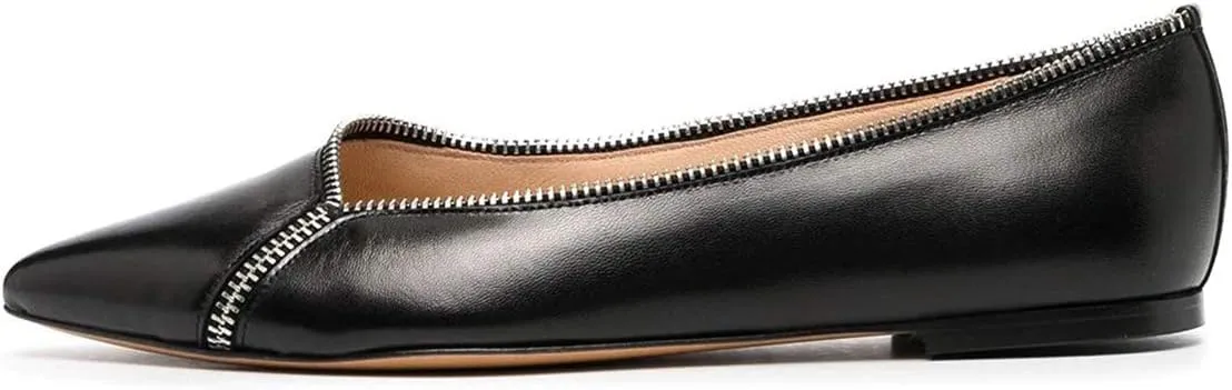 XYD Women Comfortable Pointed Closed Toe Flats Slip on Zipper Decoration Ballet Loafers Office Date Shoes