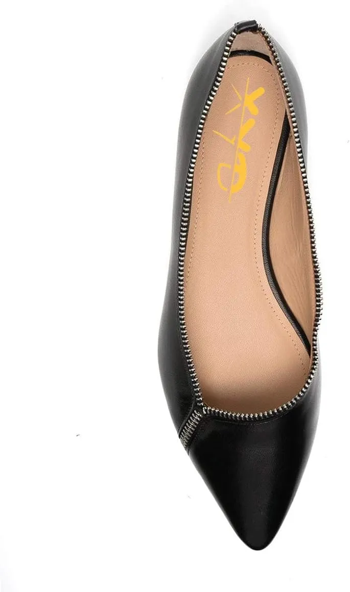 XYD Women Comfortable Pointed Closed Toe Flats Slip on Zipper Decoration Ballet Loafers Office Date Shoes