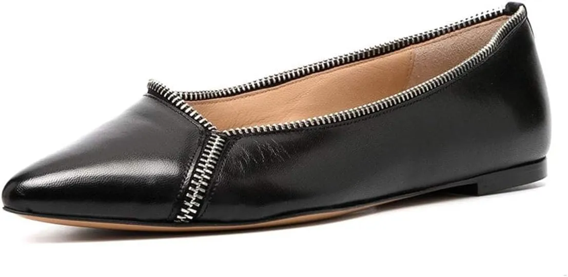 XYD Women Comfortable Pointed Closed Toe Flats Slip on Zipper Decoration Ballet Loafers Office Date Shoes