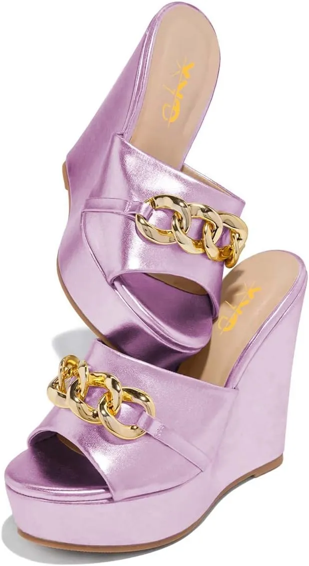 XYD Women Gold Chain Wedge Platform Dress Mule Slides Slip On Super High Heel Open Toe Sandals Party Wedding Shoes