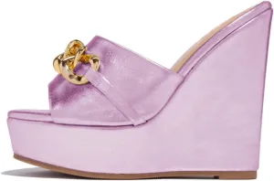 XYD Women Gold Chain Wedge Platform Dress Mule Slides Slip On Super High Heel Open Toe Sandals Party Wedding Shoes