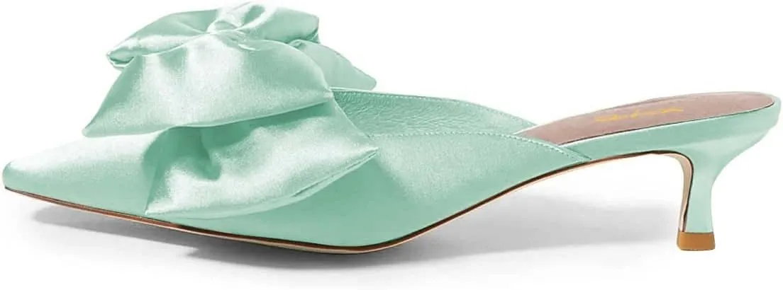 XYD Women Kitten Heel Mules Slip On Dress Sandals with Bows Pointed Toe Low Heel Satin Slippers Wedding Party Casual Shoes