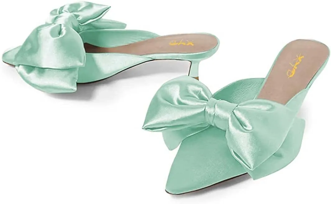 XYD Women Kitten Heel Mules Slip On Dress Sandals with Bows Pointed Toe Low Heel Satin Slippers Wedding Party Casual Shoes