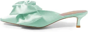 XYD Women Kitten Heel Mules Slip On Dress Sandals with Bows Pointed Toe Low Heel Satin Slippers Wedding Party Casual Shoes