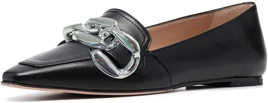YDN Women Chic Closed Toe Ballet Flats Metal Chain Slip On Pumps Loafers Soft Walking Shoes