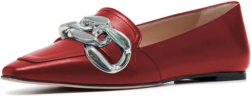 YDN Women Chic Closed Toe Ballet Flats Metal Chain Slip On Pumps Loafers Soft Walking Shoes
