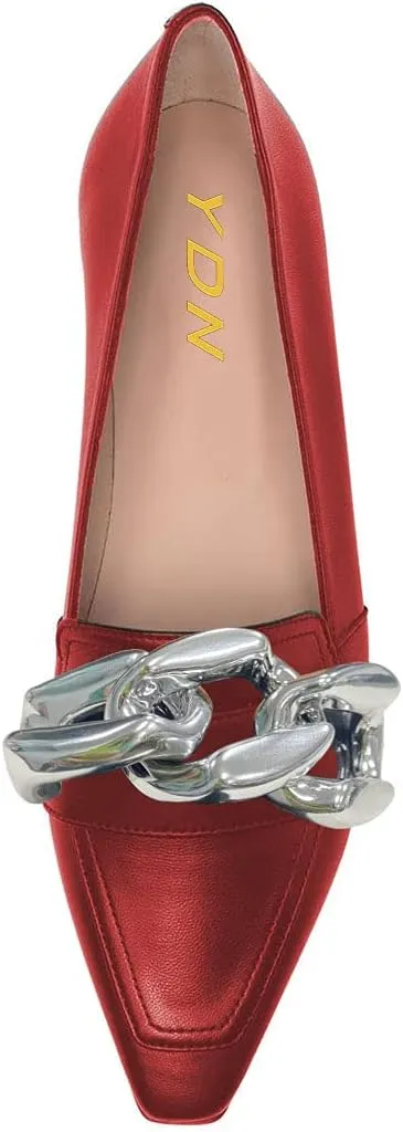 YDN Women Chic Closed Toe Ballet Flats Metal Chain Slip On Pumps Loafers Soft Walking Shoes