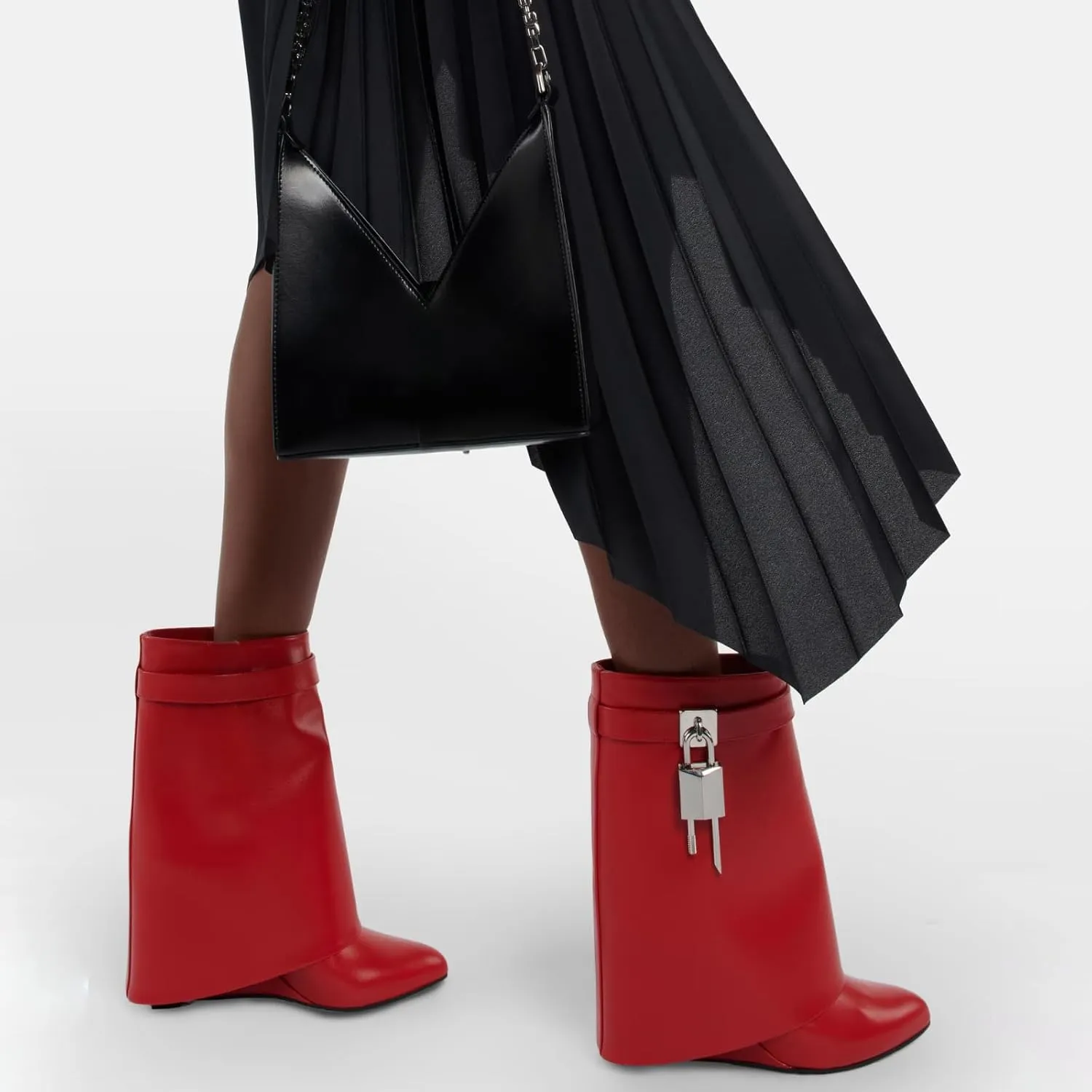 Yishaweiqi Padlock Ankle Boots Fold Over Wedge Heel Booties Wide-calf Short Boot