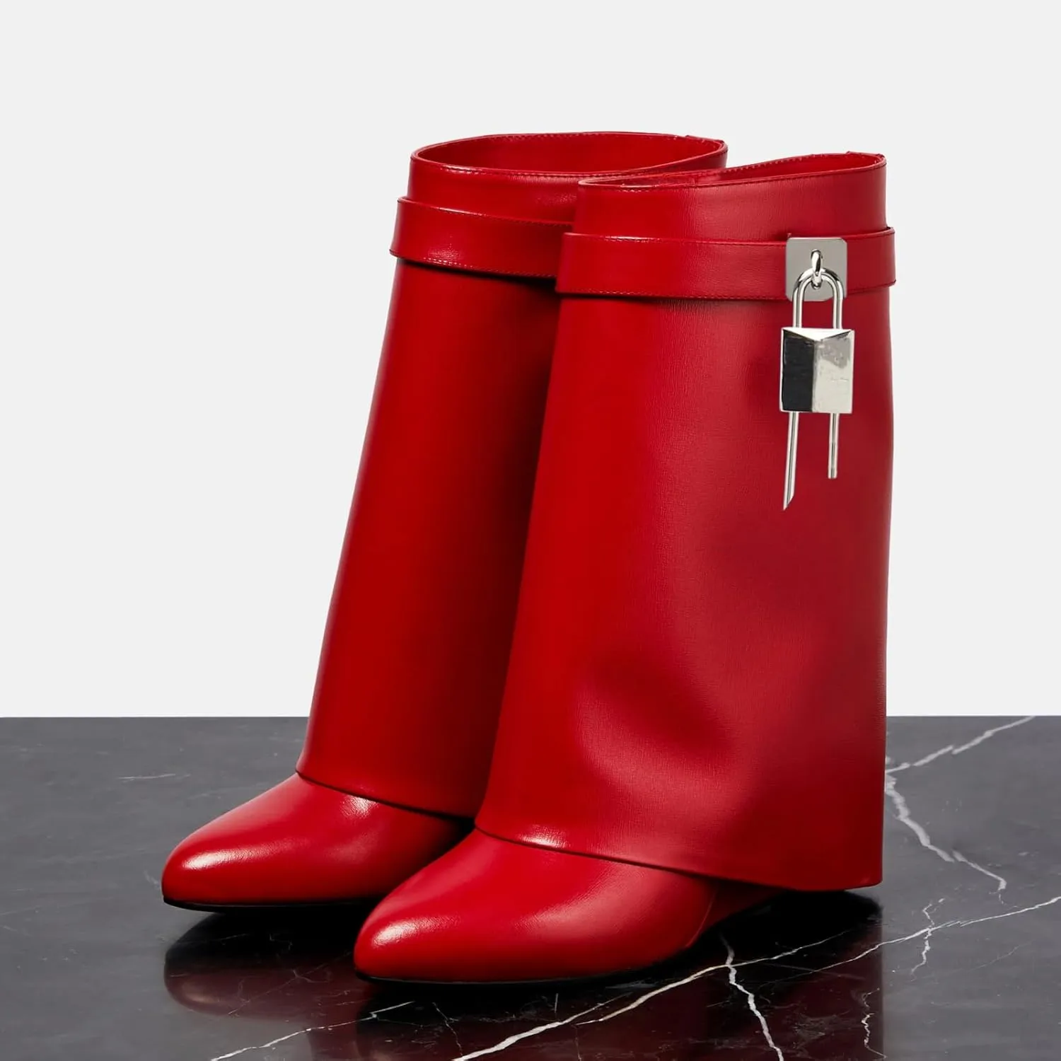 Yishaweiqi Padlock Ankle Boots Fold Over Wedge Heel Booties Wide-calf Short Boot