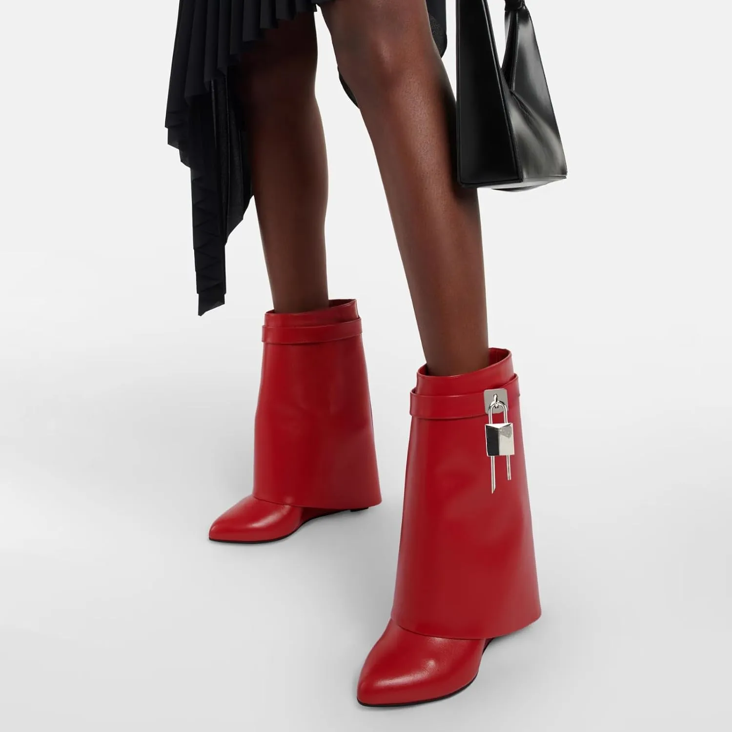 Yishaweiqi Padlock Ankle Boots Fold Over Wedge Heel Booties Wide-calf Short Boot