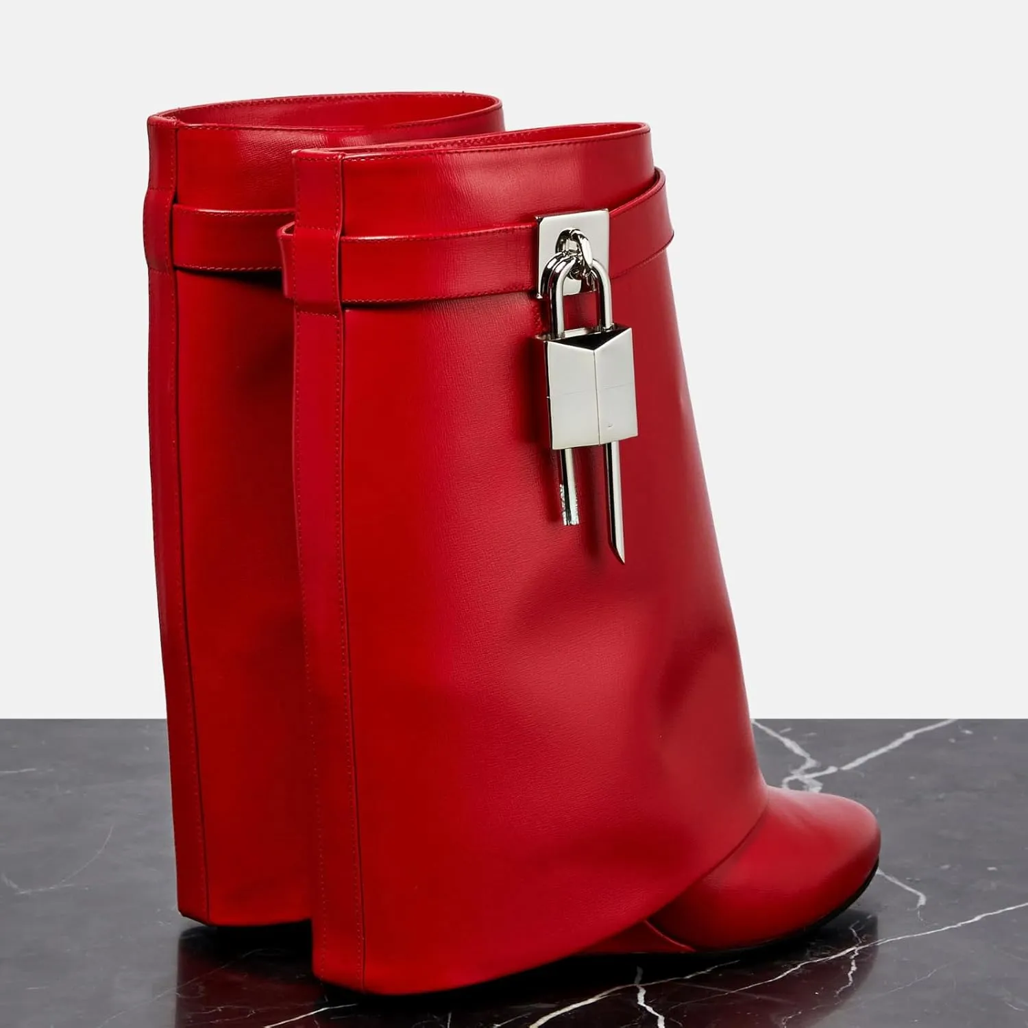 Yishaweiqi Padlock Ankle Boots Fold Over Wedge Heel Booties Wide-calf Short Boot