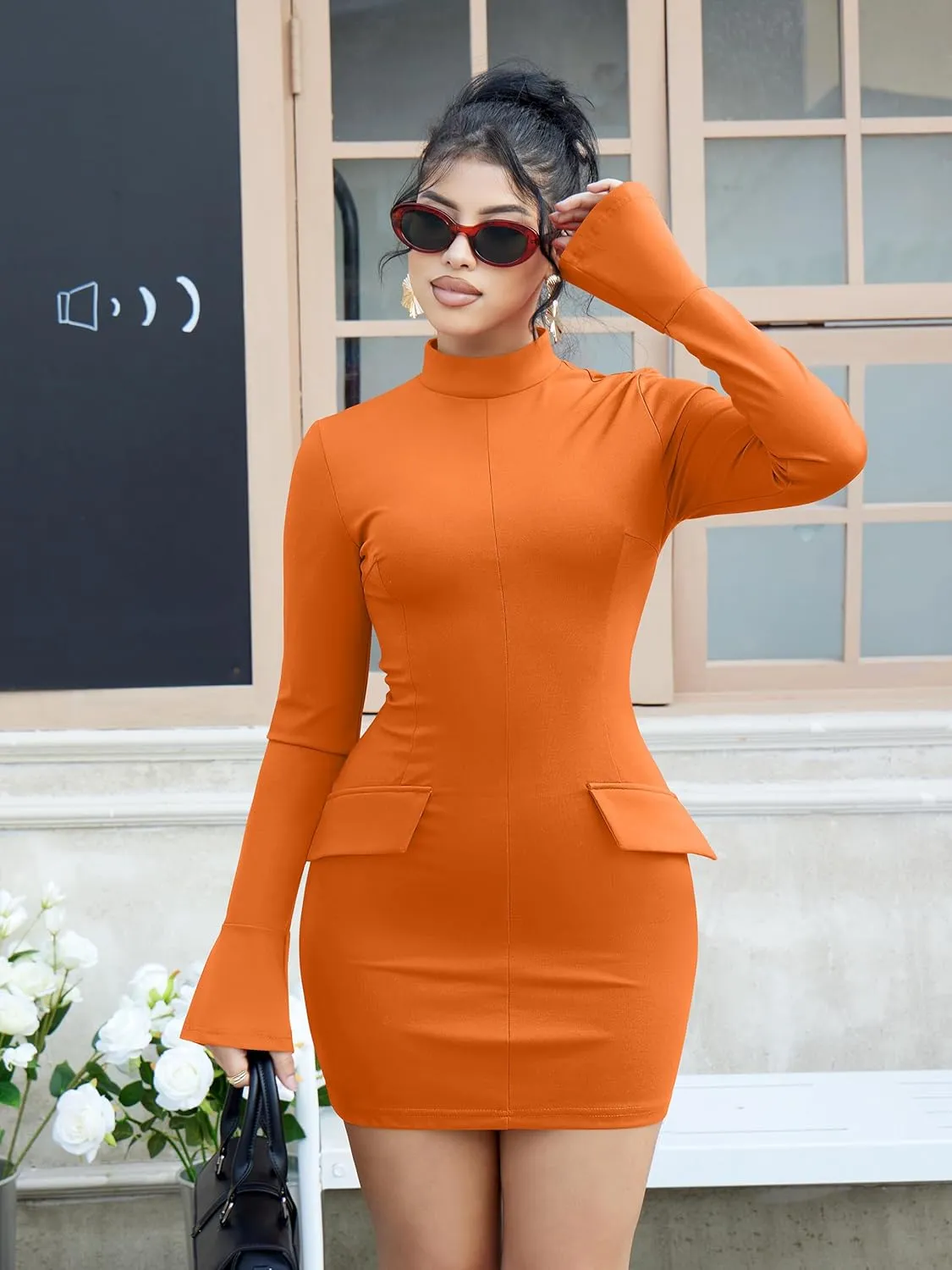 YMDUCH Women's Long Sleeve Mock Turtle Neck Bodycon Mini Tank Short Party Dress
