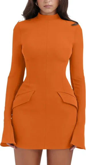 YMDUCH Women's Long Sleeve Mock Turtle Neck Bodycon Mini Tank Short Party Dress