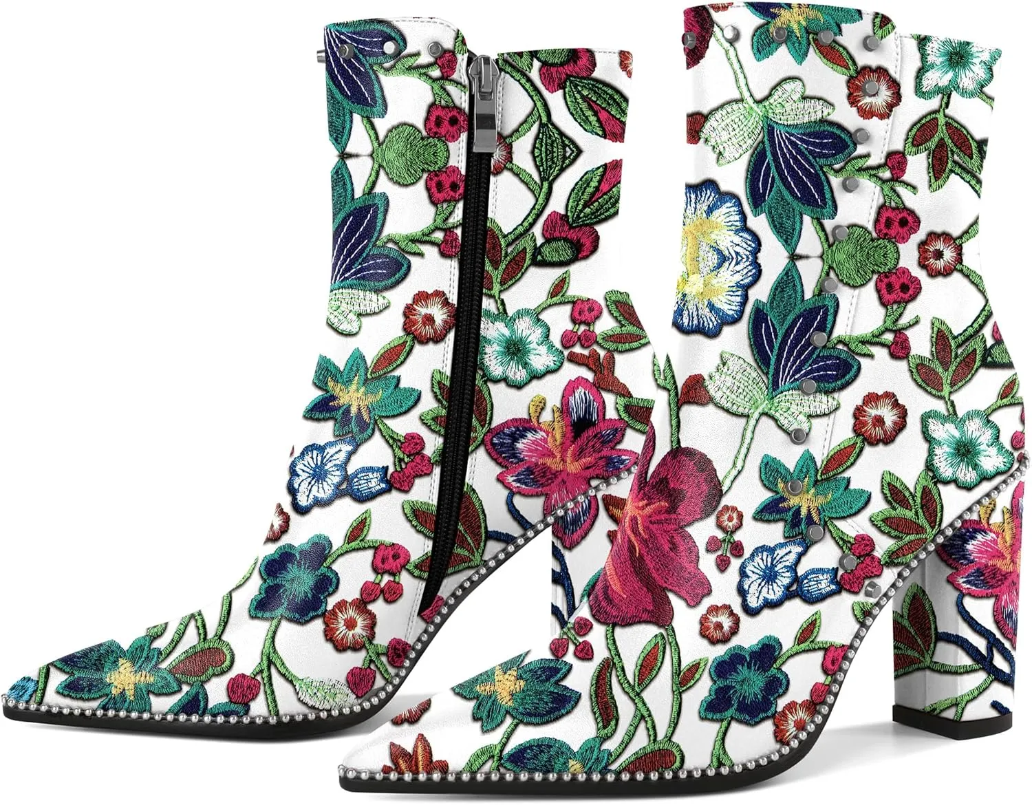 YODEKS Womens Ankle Booties 3.7 Inch Heel Chunky Boots Rivet Beaded Studded Pointed Toe Side Zipper Boots Size 5-13