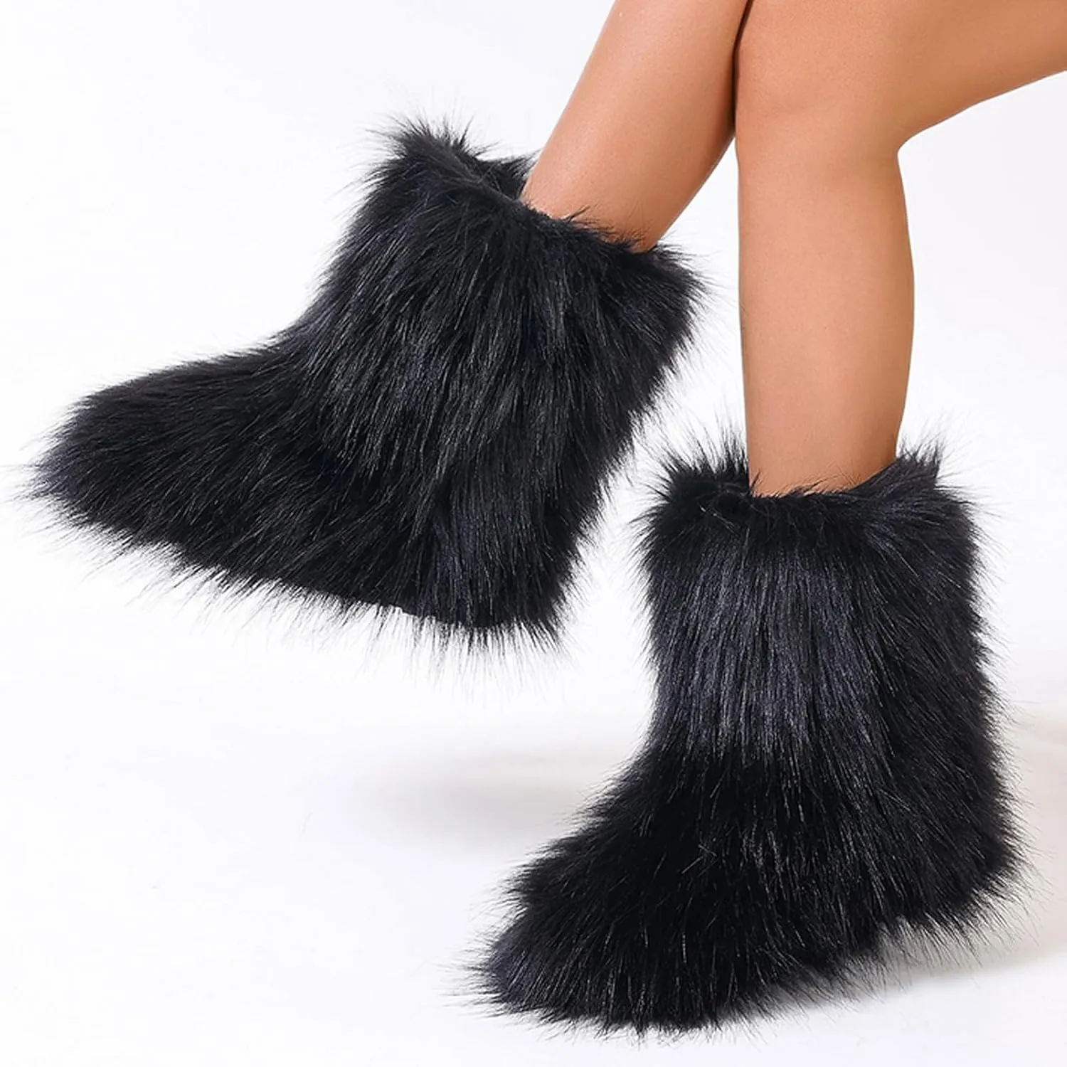 YXCFEWD Fur Boots for Women Winter Fluffy Furry Boots for Girls Flat Heel Snow Boots