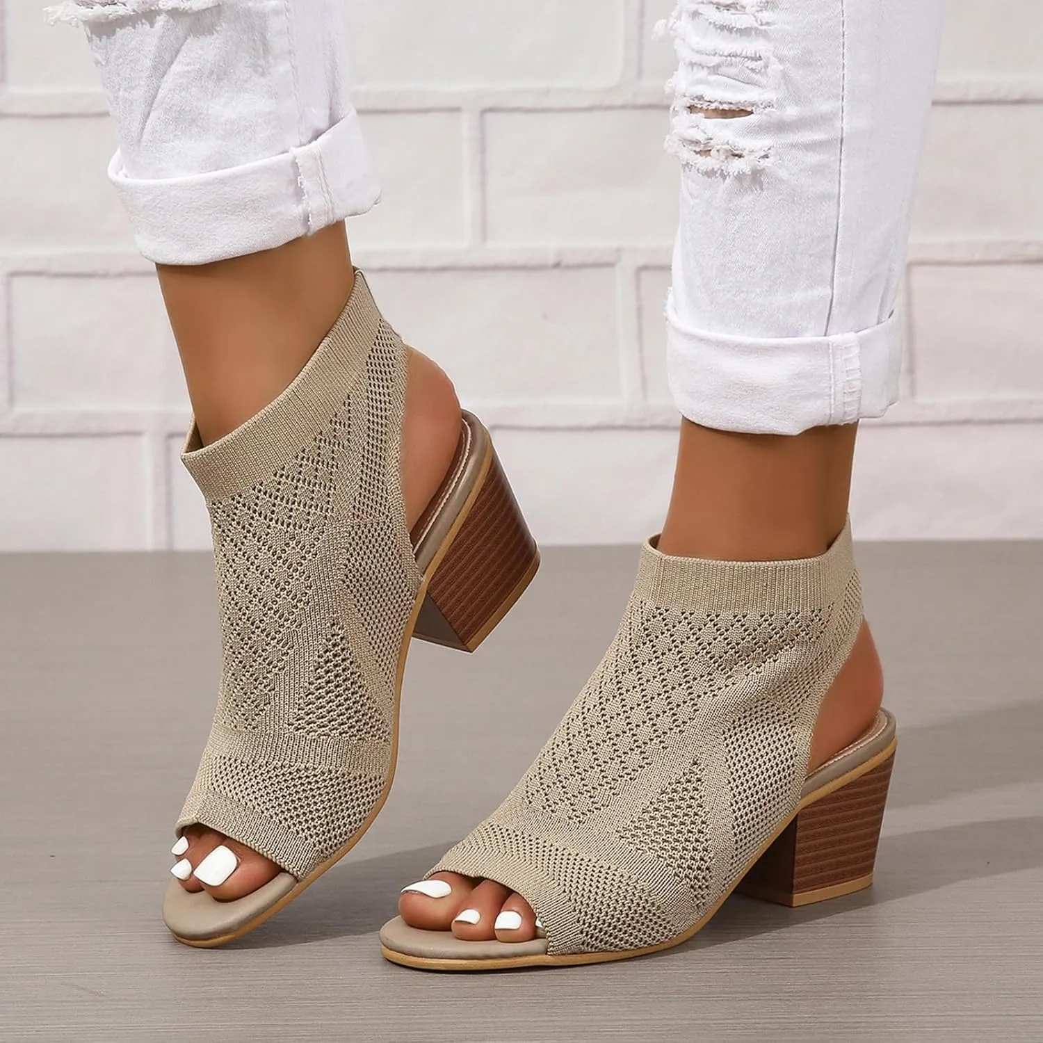 ZBYY Women's Knit Chunky Block High Heels Slingback Cut Out Peep Toe Chunky Stacked Heel Ankle Booties