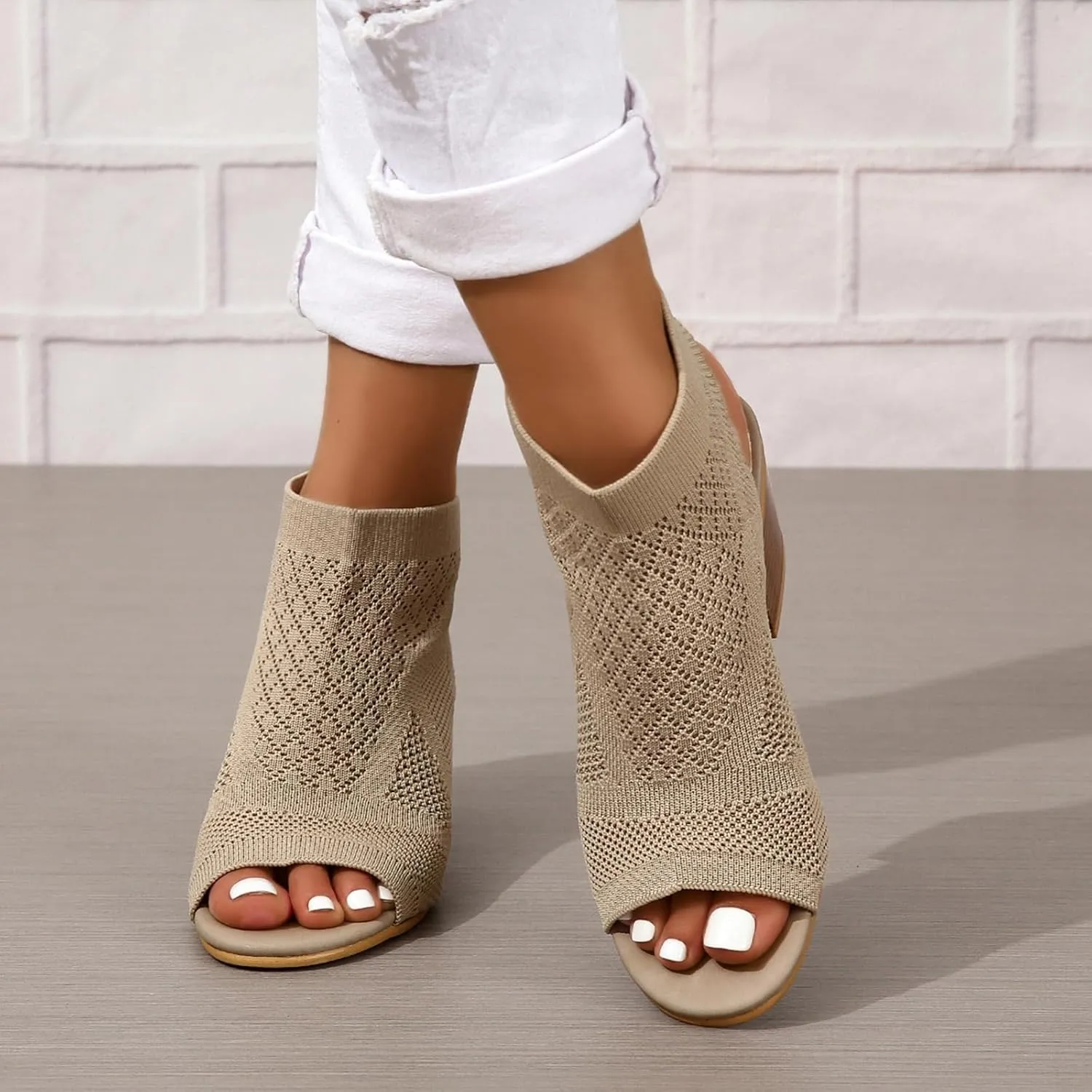 ZBYY Women's Knit Chunky Block High Heels Slingback Cut Out Peep Toe Chunky Stacked Heel Ankle Booties