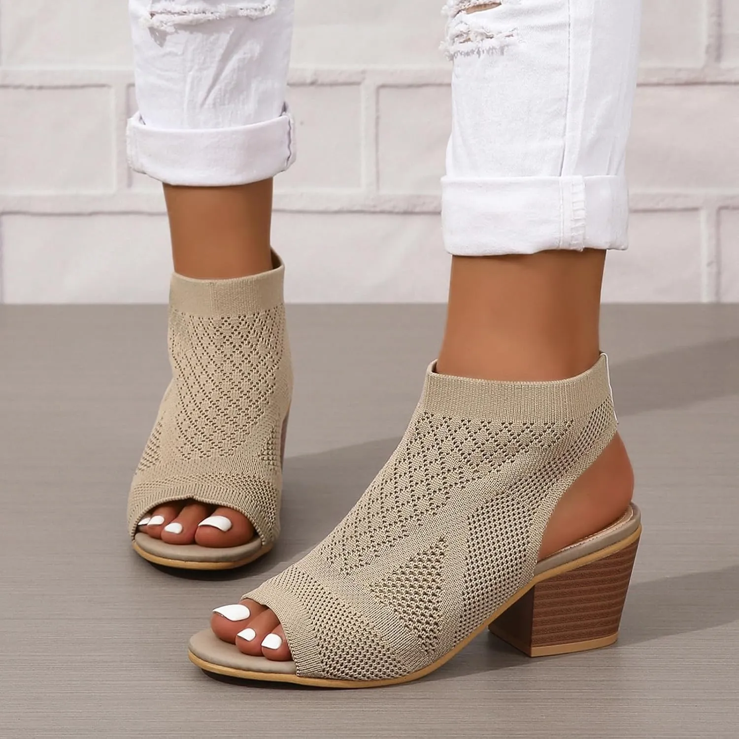 ZBYY Women's Knit Chunky Block High Heels Slingback Cut Out Peep Toe Chunky Stacked Heel Ankle Booties